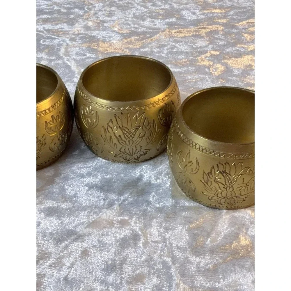 Vintage Brass Napkin Rings Set of 4 Etched Floral Boho Table Decor‎ Gold